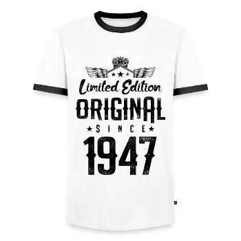 1947 limited edition - Men's Ringer Shirt - white/black - Front - AI Model Female 172 light (172cm) & AI Model Male 178 dark (178cm)