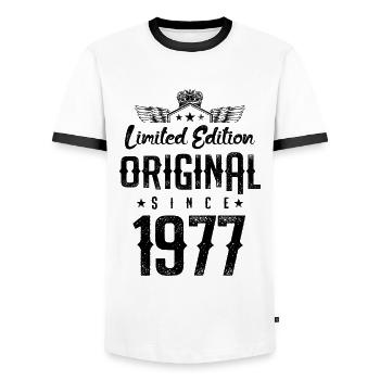 1977 limited edition - Männer Kontrast-T-Shirt - Weiß/Schwarz - Vorne - AI Model Female 172 light (172cm) & AI Model Male 178 dark (178cm)