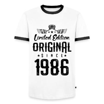 1986 limited edition - Men's Ringer Shirt - white/black - Front - AI Model Female 172 light (172cm) & AI Model Male 178 dark (178cm)