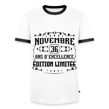 Novembre 36 Ans - idée cadeau Anniversaire - T-shirt contrasté Homme - blanc/noir - Devant - AI Model Female 172 light (172cm) & AI Model Male 178 dark (178cm)