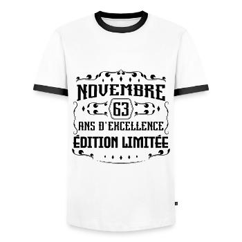 Novembre 63 Ans cadeau d'Anniversaire - T-shirt contrasté Homme - blanc/noir - Devant - AI Model Female 172 light (172cm) & AI Model Male 178 dark (178cm)