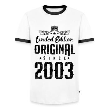 2003 limited edition - Men's Ringer Shirt - white/black - Front - AI Model Female 172 light (172cm) & AI Model Male 178 dark (178cm)