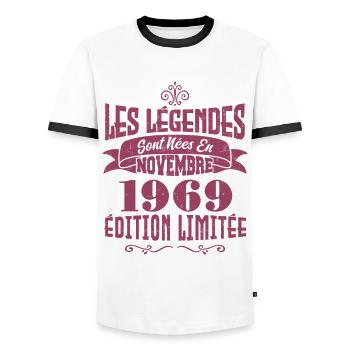 les légendes Sont Nées En Novembre 1969 . Annive - T-shirt contrasté Homme - blanc/noir - Devant - AI Model Female 172 light (172cm) & AI Model Male 178 dark (178cm)