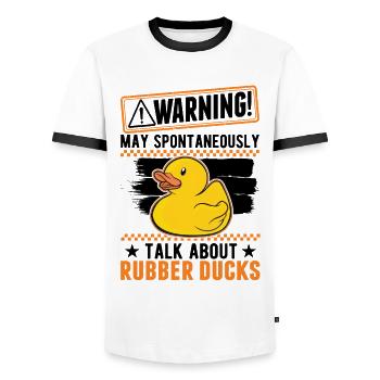 May spontaneously talk about Rubber Ducks - Men's Ringer Shirt - white/black - Front - AI Model Female 172 light (172cm) & AI Model Male 178 dark (178cm)