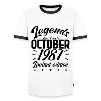 LEGENDS ARE BORN IN OCTOBER 1987 anniversary gift. - Men's Ringer Shirt - white/black - Front - AI Model Female 172 light (172cm) & AI Model Male 178 dark (178cm)