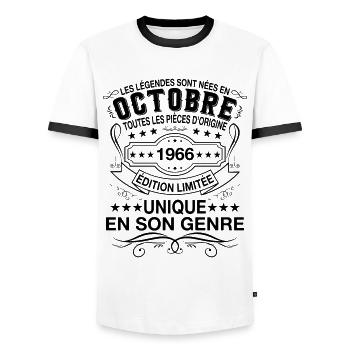 Les légendes sont nées en Octobre 1966 Cadeau - T-shirt contrasté Homme - blanc/noir - Devant - AI Model Female 172 light (172cm) & AI Model Male 178 dark (178cm)