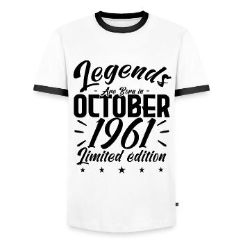 LEGENDS ARE BORN IN OCTOBER 1961 - Men's Ringer Shirt - white/black - Front - AI Model Female 172 light (172cm) & AI Model Male 178 dark (178cm)