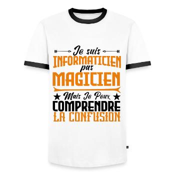 Je suis informaticien pas magicien. - T-shirt contrasté Homme - blanc/noir - Devant - AI Model Female 172 light (172cm) & AI Model Male 178 dark (178cm)