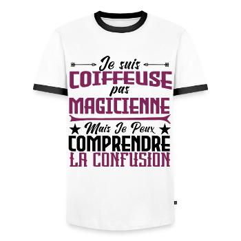 je suis Coiffeuse pas magicienne - T-shirt contrasté Homme - blanc/noir - Devant - AI Model Female 172 light (172cm) & AI Model Male 178 dark (178cm)