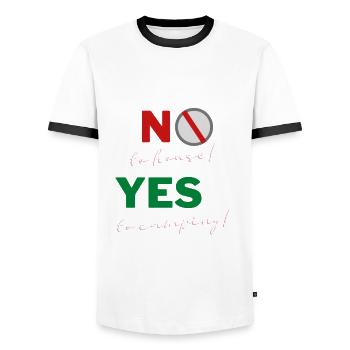 No to the house! - Yes to the motorhome! - Men's Ringer Shirt - white/black - Front - AI Model Female 172 light (172cm) & AI Model Male 178 dark (178cm)