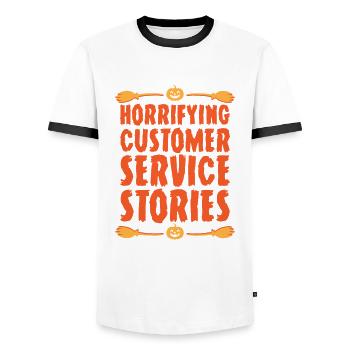 Scary Customer Service Stories Halloween - Men's Ringer Shirt - white/black - Front - AI Model Female 172 light (172cm) & AI Model Male 178 dark (178cm)