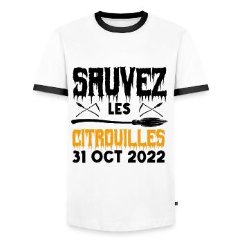 sauver les citrouilles 31 oct 2022 - T-shirt contrasté Homme - blanc/noir - Devant - AI Model Female 172 light (172cm) & AI Model Male 178 dark (178cm)