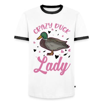 Crazy Duck lady éleveur de canards - T-shirt contrasté Homme - blanc/noir - Devant - AI Model Female 172 light (172cm) & AI Model Male 178 dark (178cm)