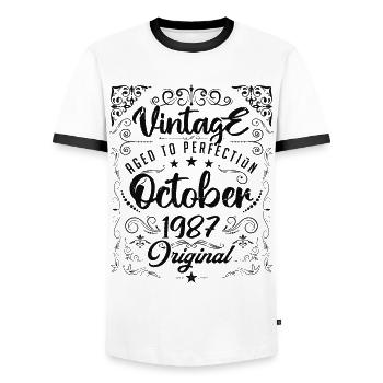 Vintage born in October 1987 - anniversary gift. - Men's Ringer Shirt - white/black - Front - AI Model Female 172 light (172cm) & AI Model Male 178 dark (178cm)