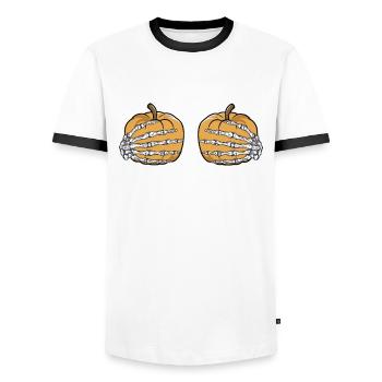 Pumpkin skeleton hand Funny Halloween costume - Men's Ringer Shirt - white/black - Front - AI Model Female 172 light (172cm) & AI Model Male 178 dark (178cm)