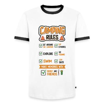 Camping rules, camping holidays, outdoor, campers. - Men's Ringer Shirt - white/black - Front - AI Model Female 172 light (172cm) & AI Model Male 178 dark (178cm)