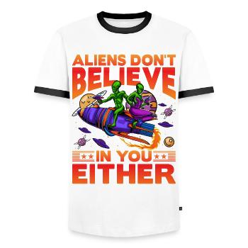 Aliens don't believe in you either - Men's Ringer Shirt - white/black - Front - AI Model Female 172 light (172cm) & AI Model Male 178 dark (178cm)