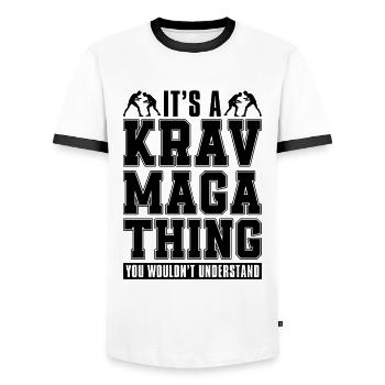 It's A Krav Maga Thing Krav Maga Military Fighter - Men's Ringer Shirt - white/black - Front - AI Model Female 172 light (172cm) & AI Model Male 178 dark (178cm)