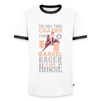 Barrel Racing Rodeo Reitpferd Barrel Racer - Männer Kontrast-T-Shirt - Weiß/Schwarz - Vorne - AI Model Female 172 light (172cm) & AI Model Male 178 dark (178cm)