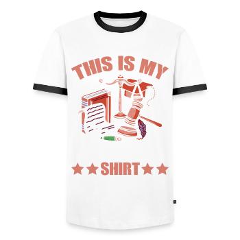 THIS IS MY MOCK TRIAL SHIRT Lawyer Law Student - Men's Ringer Shirt - white/black - Front - AI Model Female 172 light (172cm) & AI Model Male 178 dark (178cm)
