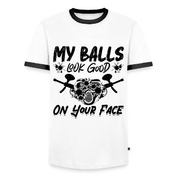 My Balls Look Paintball Splatter Paintball Player - Men's Ringer Shirt - white/black - Front - AI Model Female 172 light (172cm) & AI Model Male 178 dark (178cm)