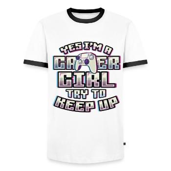 Ja, Ich Bin Ein Gamer-Mädchen. - T-shirt contrasté Homme - blanc/noir - Devant - AI Model Female 172 light (172cm) & AI Model Male 178 dark (178cm)