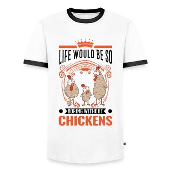 Poulets Élevage de poulets Éleveur de poulet - T-shirt contrasté Homme - blanc/noir - Devant - AI Model Female 172 light (172cm) & AI Model Male 178 dark (178cm)