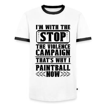 I'm With Stop Violence Now Paintball Airgun Player - Men's Ringer Shirt - white/black - Front - AI Model Female 172 light (172cm) & AI Model Male 178 dark (178cm)