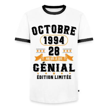 28 Ans Anniversaire Vintage Né(e) en Octobre 1994 - T-shirt contrasté Homme - blanc/noir - Devant - AI Model Female 172 light (172cm) & AI Model Male 178 dark (178cm)
