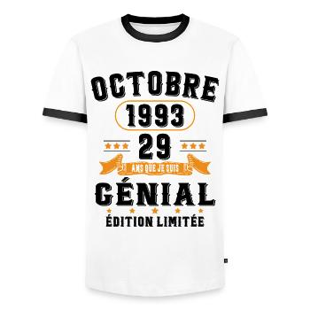29 Ans Anniversaire Vintage Né(e) en Octobre 1993 - T-shirt contrasté Homme - blanc/noir - Devant - AI Model Female 172 light (172cm) & AI Model Male 178 dark (178cm)