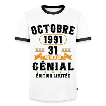31 Ans Anniversaire Vintage Né(e) en Octobre 1991 - T-shirt contrasté Homme - blanc/noir - Devant - AI Model Female 172 light (172cm) & AI Model Male 178 dark (178cm)
