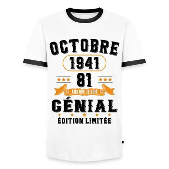 81 Ans Anniversaire Vintage Né(e) en Octobre 1941 - T-shirt contrasté Homme - blanc/noir - Devant - AI Model Female 172 light (172cm) & AI Model Male 178 dark (178cm)