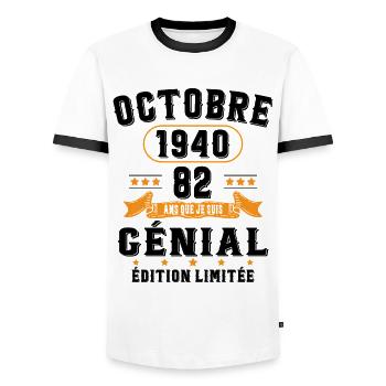 82 Ans Anniversaire Vintage Né(e) en Octobre 1940 - T-shirt contrasté Homme - blanc/noir - Devant - AI Model Female 172 light (172cm) & AI Model Male 178 dark (178cm)
