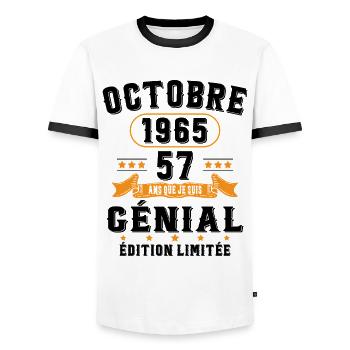 57 Ans Anniversaire Vintage Né(e) en Octobre 1965 - T-shirt contrasté Homme - blanc/noir - Devant - AI Model Female 172 light (172cm) & AI Model Male 178 dark (178cm)