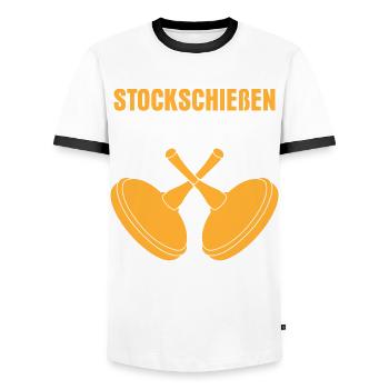 Eisstock Witz Stockschütze Stockschießen - Männer Kontrast-T-Shirt - Weiß/Schwarz - Vorne - AI Model Female 172 light (172cm) & AI Model Male 178 dark (178cm)