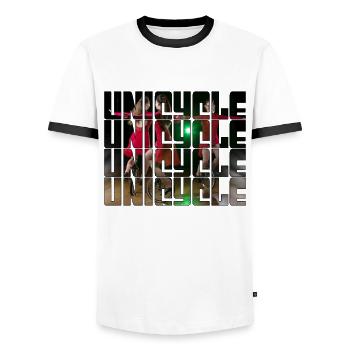Unicycling - Men's Ringer Shirt - white/black - Front - AI Model Female 172 light (172cm) & AI Model Male 178 dark (178cm)