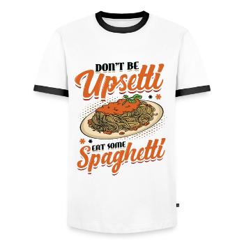 Don't be angry, eat spaghetti. - Men's Ringer Shirt - white/black - Front - AI Model Female 172 light (172cm) & AI Model Male 178 dark (178cm)