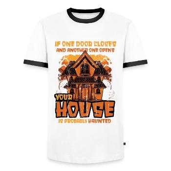 Funny Halloween house haunts Halloween. - Men's Ringer Shirt - white/black - Front - AI Model Female 172 light (172cm) & AI Model Male 178 dark (178cm)