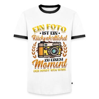 Foto Rückfahrticket Vergangenheit Fotograf. - Männer Kontrast-T-Shirt - Weiß/Schwarz - Vorne - AI Model Female 172 light (172cm) & AI Model Male 178 dark (178cm)