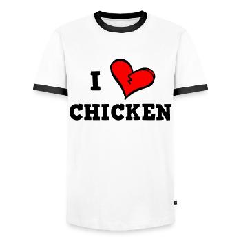 I like chicken - Men's Ringer Shirt - white/black - Front - AI Model Female 172 light (172cm) & AI Model Male 178 dark (178cm)