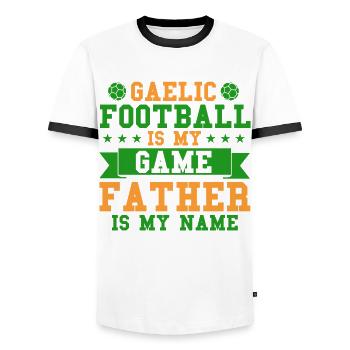 Gaelic footballer Irish team sport - Men's Ringer Shirt - white/black - Front - AI Model Female 172 light (172cm) & AI Model Male 178 dark (178cm)