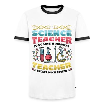 Science teacher, much cooler. - Men's Ringer Shirt - white/black - Front - AI Model Female 172 light (172cm) & AI Model Male 178 dark (178cm)
