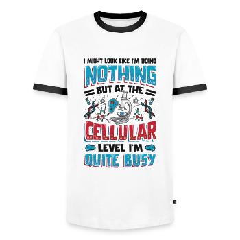 On a cellular level, I am a frequent worker. - Men's Ringer Shirt - white/black - Front - AI Model Female 172 light (172cm) & AI Model Male 178 dark (178cm)