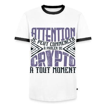 Avertissement, crypto à tout moment. - T-shirt contrasté Homme - blanc/noir - Devant - AI Model Female 172 light (172cm) & AI Model Male 178 dark (178cm)
