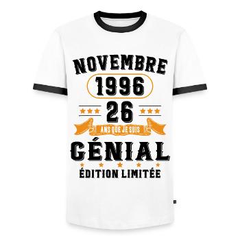 26 Ans Anniversaire Vintage Né(e) en Novembre 1996 - T-shirt contrasté Homme - blanc/noir - Devant - AI Model Female 172 light (172cm) & AI Model Male 178 dark (178cm)