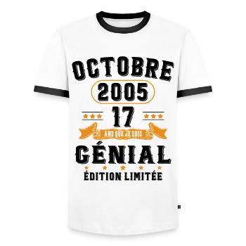 17 Ans Anniversaire Vintage Né(e) en Octobre 2005 - T-shirt contrasté Homme - blanc/noir - Devant - AI Model Female 172 light (172cm) & AI Model Male 178 dark (178cm)
