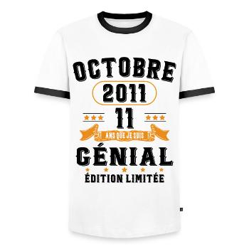 11 Ans Anniversaire Vintage Né(e) en Octobre 2011 - T-shirt contrasté Homme - blanc/noir - Devant - AI Model Female 172 light (172cm) & AI Model Male 178 dark (178cm)