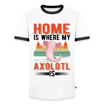La maison est l’endroit où mon Axolotl est un amphibien à queue - T-shirt contrasté Homme - blanc/noir - Devant - AI Model Female 172 light (172cm) & AI Model Male 178 dark (178cm)