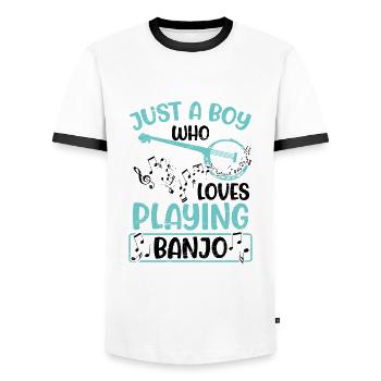 Garçon qui aime jouer de la guitare de musicien de banjo - T-shirt contrasté Homme - blanc/noir - Devant - AI Model Female 172 light (172cm) & AI Model Male 178 dark (178cm)