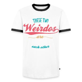 These two weirdos are perfect for anyone for the - Men's Ringer Shirt - white/black - Front - AI Model Female 172 light (172cm) & AI Model Male 178 dark (178cm)
